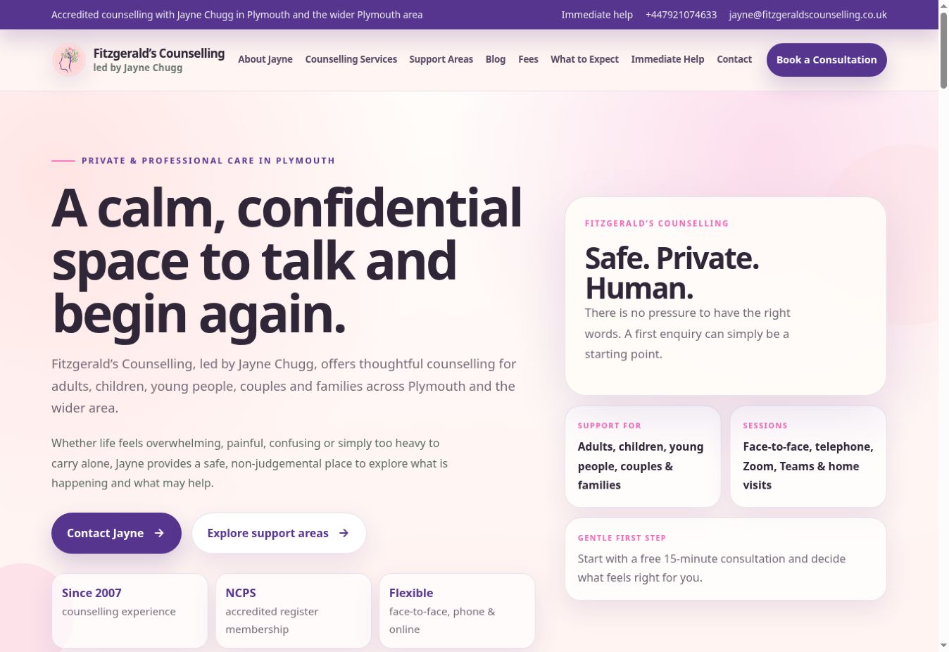 The real Fitzgerald’s Counselling website, with pink and purple design